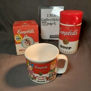Vintage Campbell's Soup Collector's Lot: Mugs, 1998 Can-Tainer Thermos, & Orname